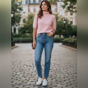 100%Pure Cashmere Light Pink Crop Top Sweater Turtleneck Textured Spring Luxury